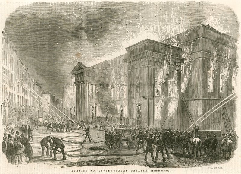 Spalenie Covent Garden Theatre w Londynie rankiem 5 marca 1856 r. autorstwa English School