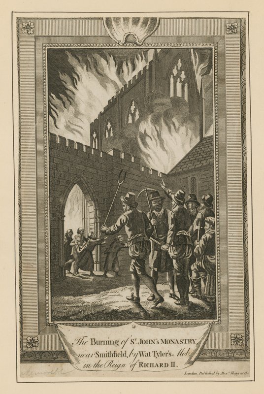 Spalenie klasztoru St Johns w pobliżu Smithfield przez Wat Tylers mob autorstwa English School