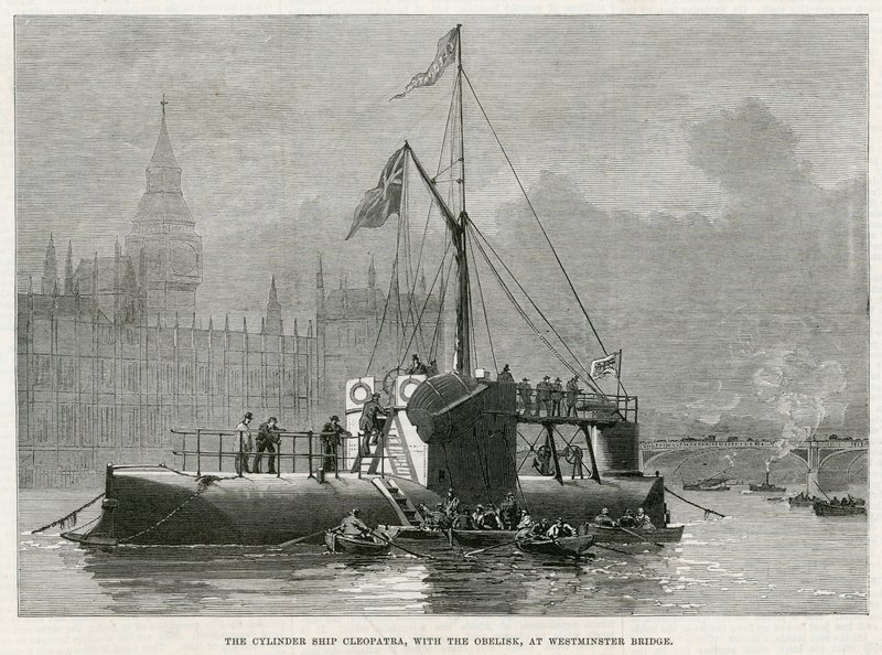 Cylindryczny statek Kleopatra z obeliskiem przy Westminster Bridge autorstwa English School