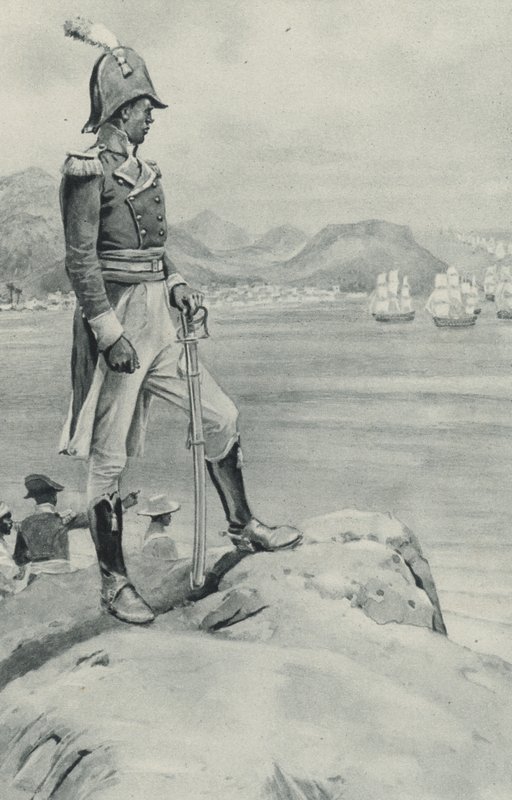 Zbliża się śmierć biednego Toussaint LOuverture, czarny przywódca obserwuje nadchodzącą flotę wysłaną przez Napoleona w celu jego zniszczenia autorstwa English School
