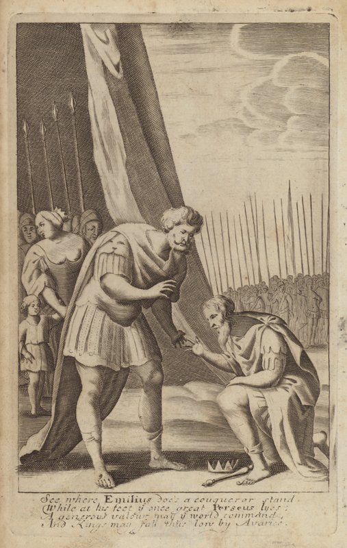 Pokonany Perseusz u stóp Lucjusza Emiliusza Paulusa w wojnach macedońskich (rycina) autorstwa English School