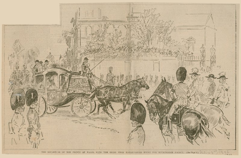 Wyjazd księcia Walii z panną młodą z Marlborough House do Pałacu Buckingham, 23 lipca 1896 r. autorstwa English School