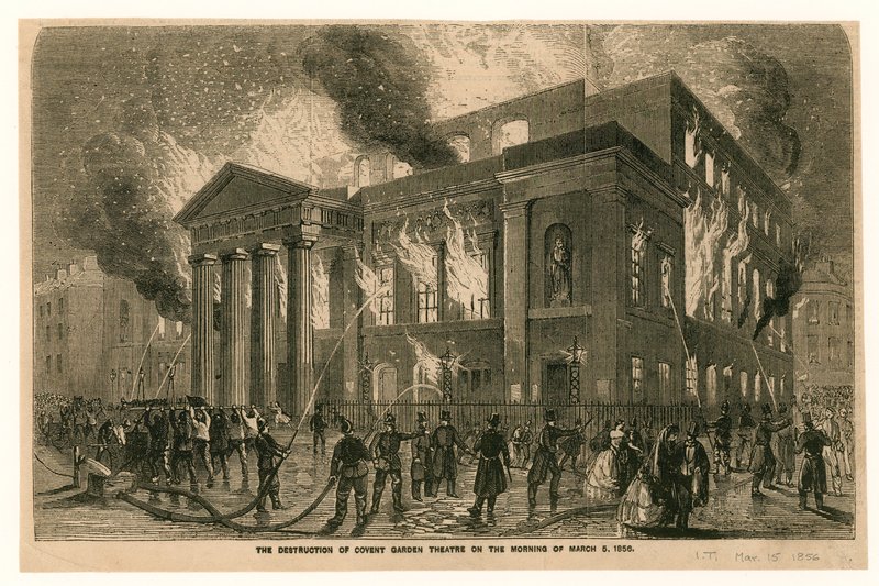 Zniszczenie Covent Garden Theatre w Londynie rankiem 5 marca 1856 r autorstwa English School