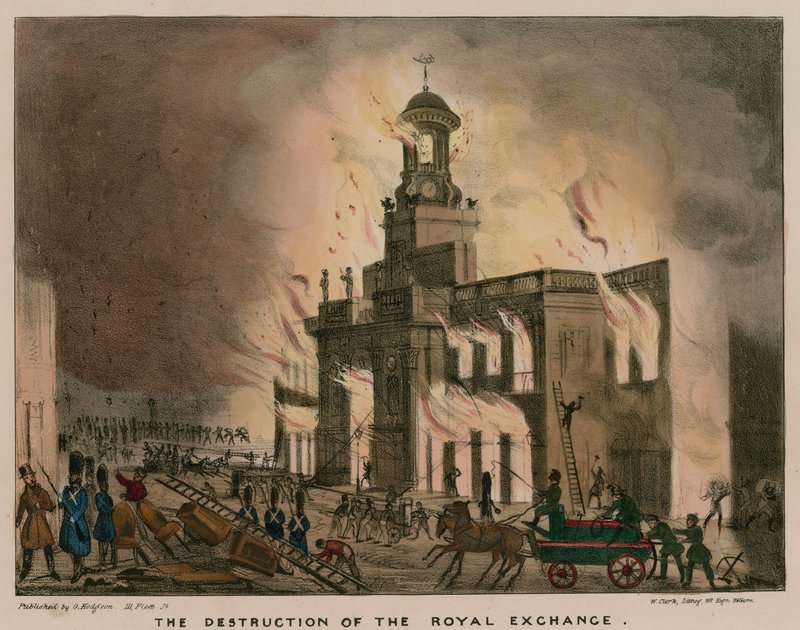 Zniszczenie Royal Exchange w Londynie przez pożar w nocy 10 stycznia 1838 r autorstwa English School