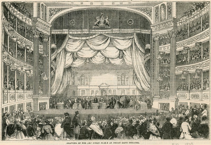 Losowanie nagród Unii Artystycznej w Teatrze Drury Lane w 1843 r. autorstwa English School