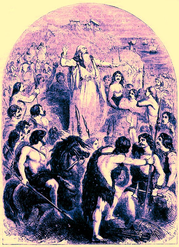 Druidzi podżegający Brytyjczyków do sprzeciwu wobec lądowania Rzymian, ilustracja z Ilustrowanej Historii Uniwersalnej Cassella autorstwa Edwarda Colliera, opublikowanej w 1890 r. (obraz ulepszony cyfrowo) autorstwa English School