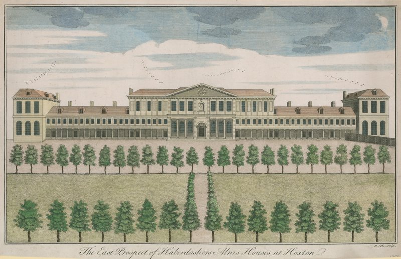 Wschodnia perspektywa Haberdashers Alms Houses w Hoxton autorstwa English School
