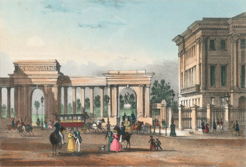 Wejście do Hyde Parku z Piccadilly z zachodnim skrzydłem Apsley House autorstwa English School