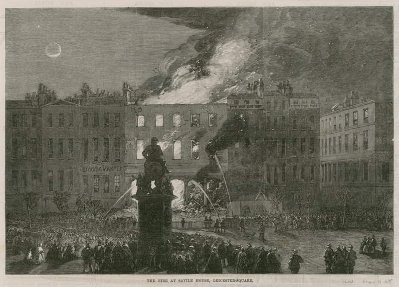 Pożar w Savile House, Leicester Square, Londyn autorstwa English School