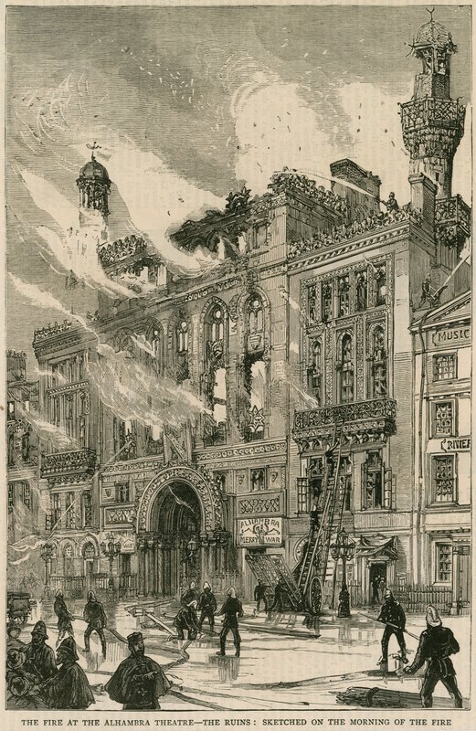 Pożar w teatrze Alhambra – ruiny naszkicowane rano przed pożarem, 7 grudnia 1882 r. autorstwa English School