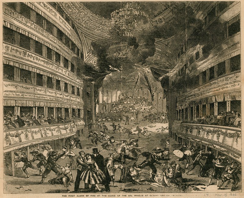 Pierwszy alarm pożarowy na zakończenie Bal Masque w Covent Garden Theatre w Londynie autorstwa English School