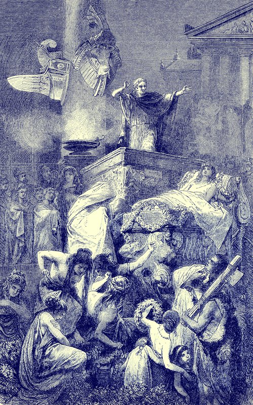 Oracja pogrzebowa nad rzymskim bohaterem, ilustracja z Ilustrowanej Historii Świata, wydana ok. 1880 r. (obraz ulepszony cyfrowo) autorstwa English School