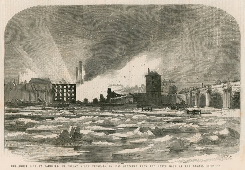 Wielki pożar w Bankside w piątek wieczorem 14 lutego 1855 r. naszkicowany z północnego brzegu Tamizy autorstwa English School