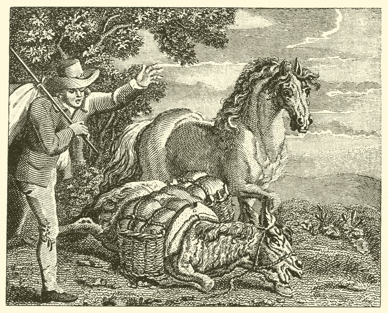 Koń i obładowany osioł (rycina) autorstwa English School