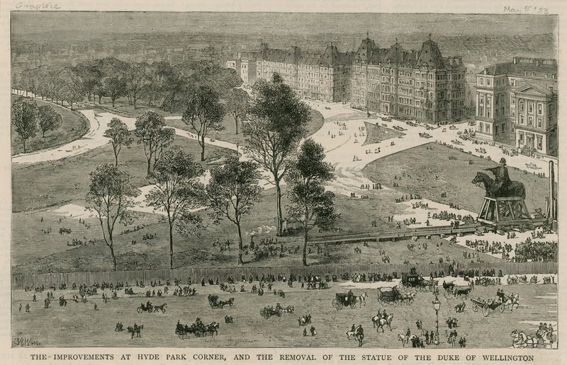 Ulepszenia w Hyde Park Corner i usunięcie pomnika księcia Wellington autorstwa English School