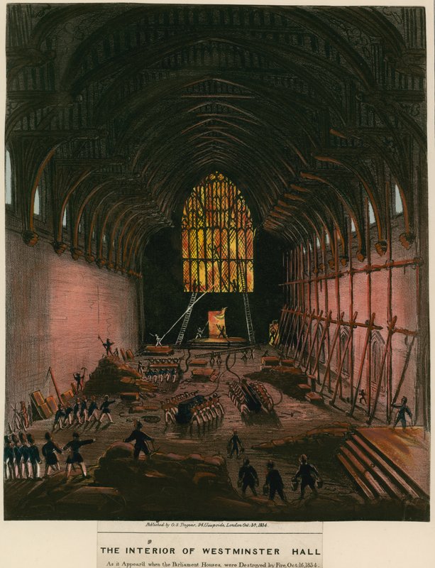 Wnętrze Westminster Hall tak, jak wyglądało, gdy budynki parlamentu zostały zniszczone przez pożar autorstwa English School