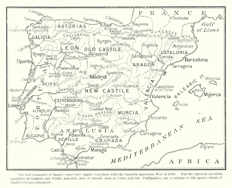 Ostatnie pozostałości niegdyś rozległego imperium Hiszpanii zniknęły wraz z wojną hiszpańsko-amerykańską w 1898 r. (litografia) autorstwa English School