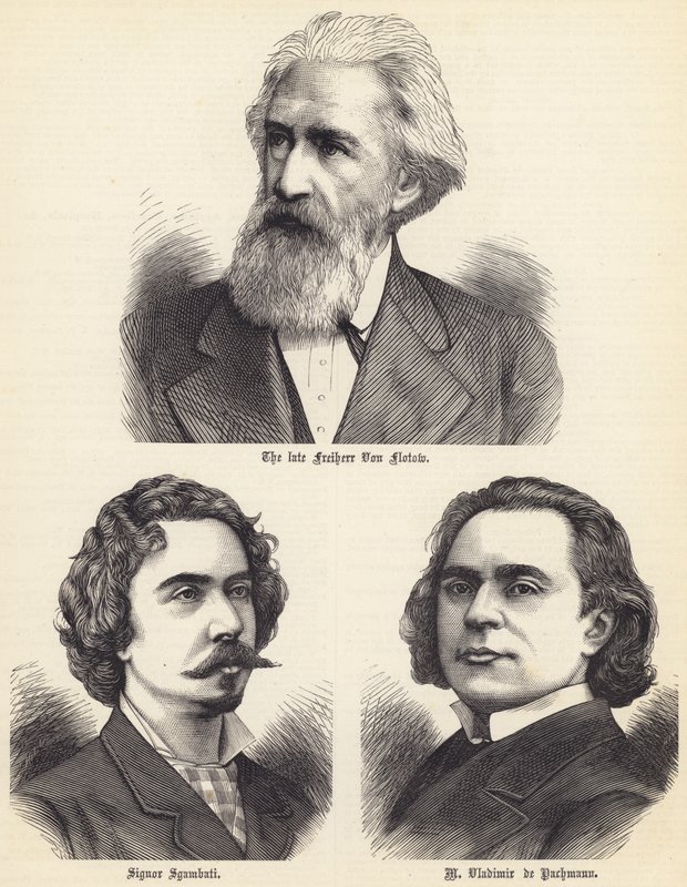 Nieżyjący już Freiherr Von Flotow, Signor Sgambati, M Vladimir de Pachmann (rycina) autorstwa English School