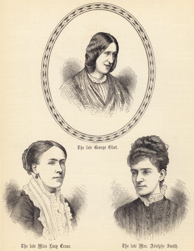 śp. George Eliot, śp. panna Lucy Crane, śp. pani Adolphe Smith (rycina) autorstwa English School