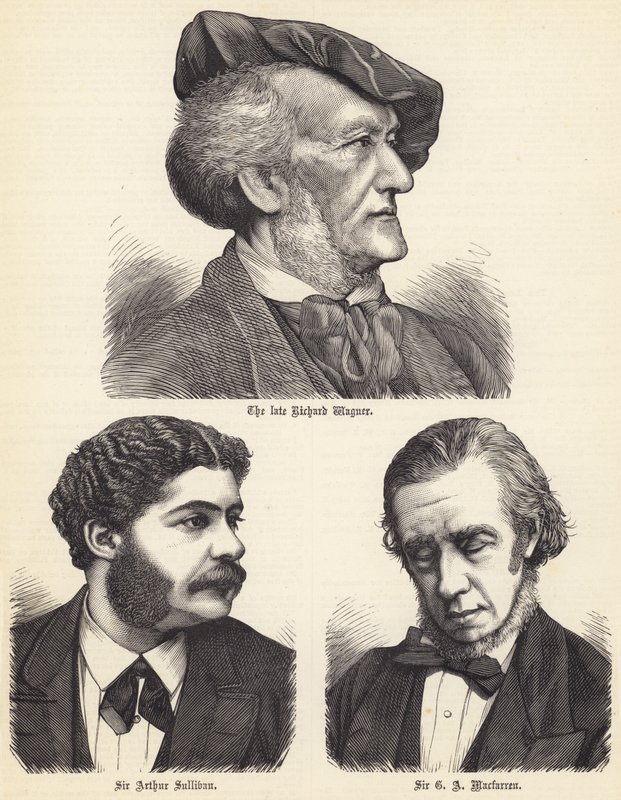 Nieżyjący już Richard Wagner, Sir Arthur Sullivan, Sir GA Macfarren (grafika) autorstwa English School