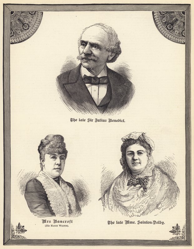 Nieżyjący już Sir Julius Benedict, pani Bancroft (z domu Marie Wilton), nieżyjąca już Madame Sainton Dolby (grafika) autorstwa English School