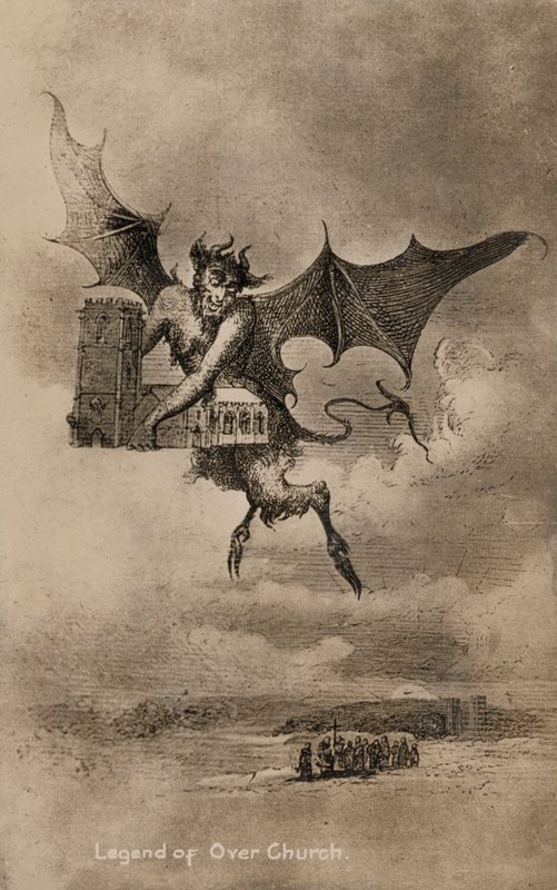 Legenda o diable i kościele św. Czadu w wiosce Over, Cheshire (lito) autorstwa English School