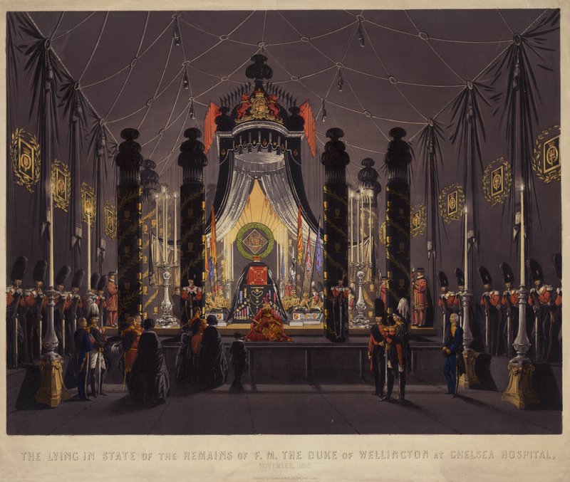 Leżące w stanie szczątków F. M. Księcia Wellington w szpitalu Chelsea, listopad 1852 (kolorowy grawerunek) autorstwa English School