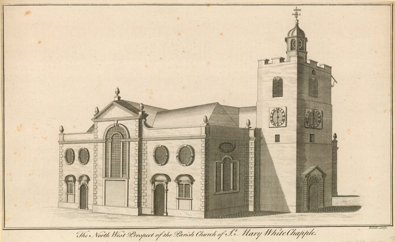 Północno-zachodnia perspektywa kościoła parafialnego St Mary, Whitechapel, Londyn autorstwa English School