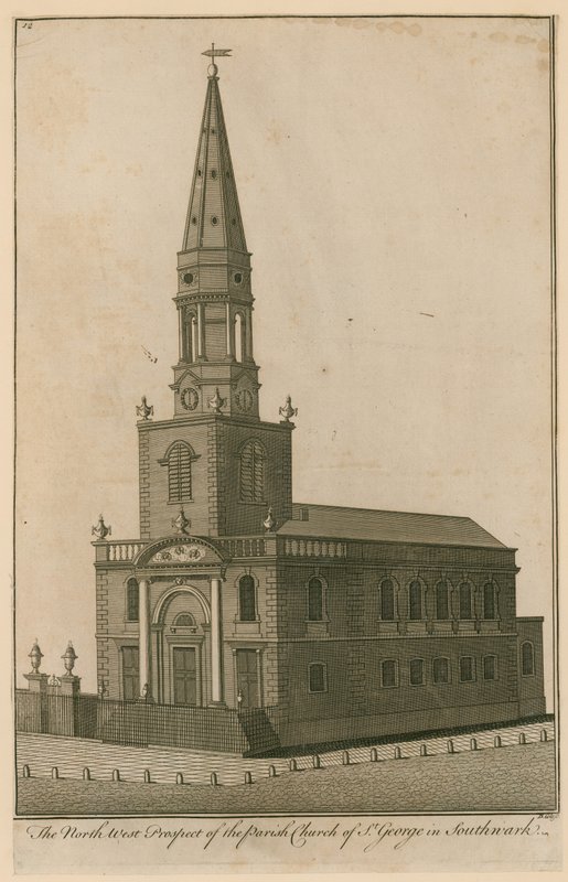 Północno-zachodnia perspektywa kościoła parafialnego św. Jerzego w Southwark w Londynie autorstwa English School