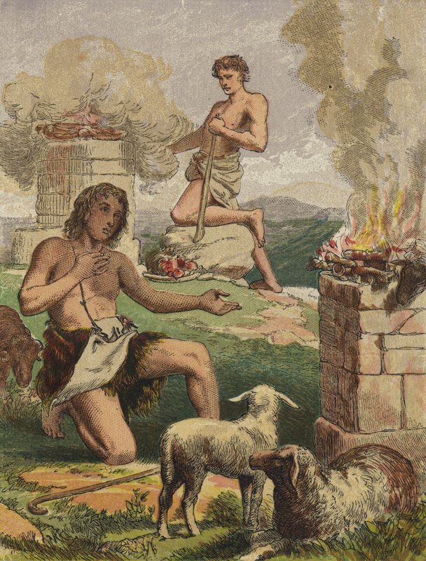 Ofiary Kaina i Abla (kolorowa litografia) autorstwa English School