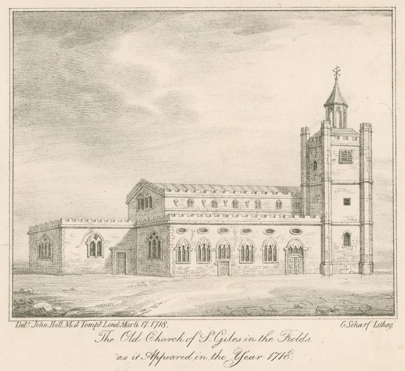 Stary kościół St Giles in the Fields w Londynie, jak wyglądał w 1718 roku autorstwa English School
