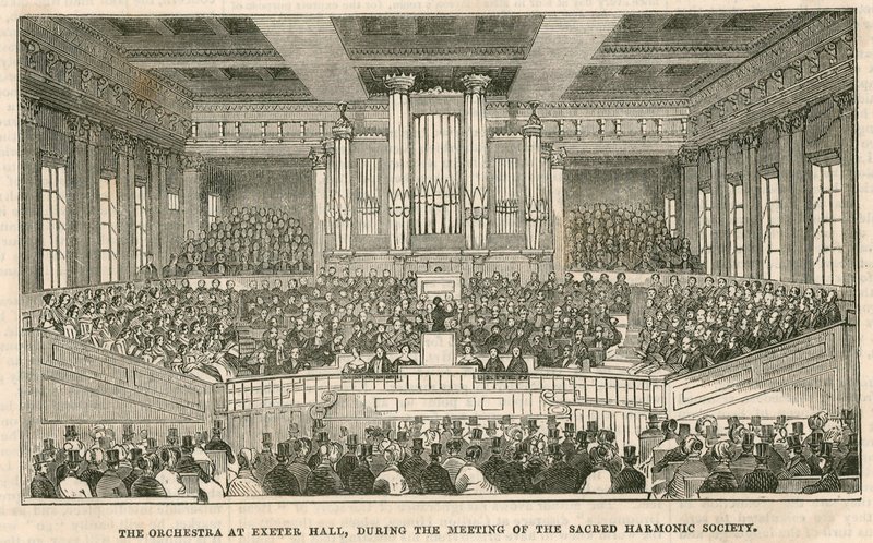 Orkiestra w Exeter Hall w Londynie podczas spotkania Sacred Harmonic Society autorstwa English School