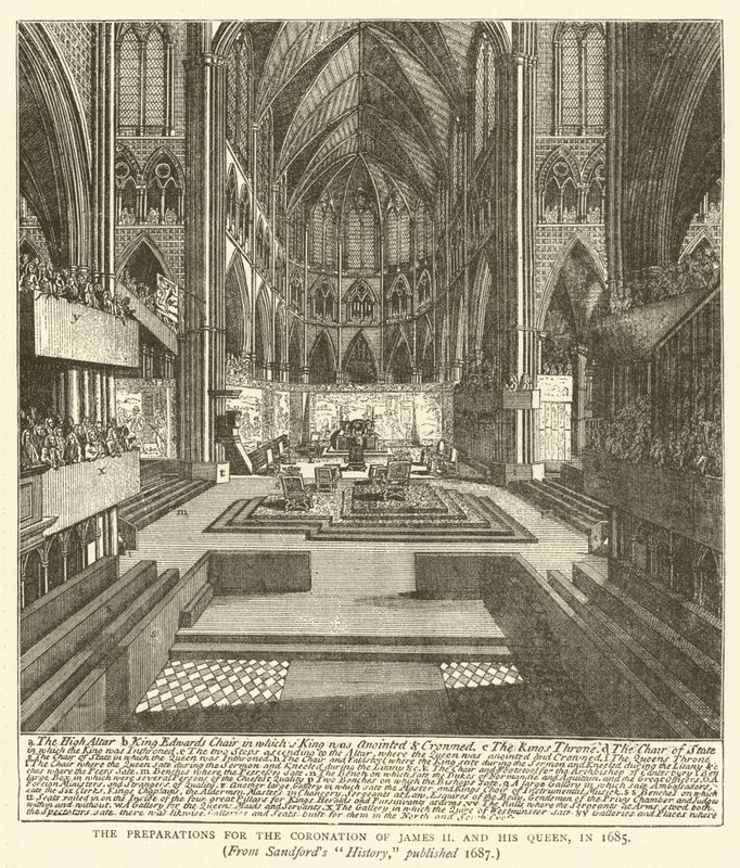 Przygotowania do koronacji Jakuba II i jego królowej w 1685 r. z „Historii” Sandforda wydanej w 1687 r. (rycina) autorstwa English School