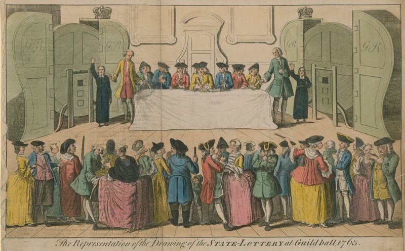 Przedstawienie rysunku Państwowej Loterii w Guildhall, 1763 autorstwa English School