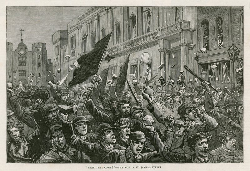 Zamieszki na londyńskim West Endzie, 8 lutego 1886: Nadchodzą! - Tłum na St Jamess Street w Londynie autorstwa English School