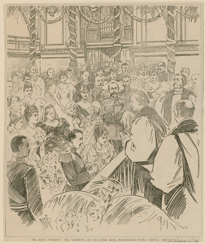Ślub królewski, ceremonia przy balach ołtarzowych, kaplica Pałacu Buckingham, 23 lipca 1896 r. autorstwa English School