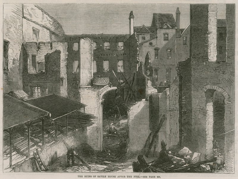 Ruiny Savile House, Leicester Square, Londyn, po pożarze autorstwa English School