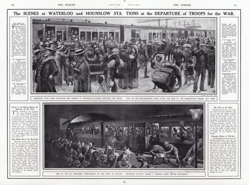 Sceny na stacjach Waterloo i Hounslow podczas wyjazdu wojsk na wojnę, I wojna światowa, sierpień 1914 autorstwa English School