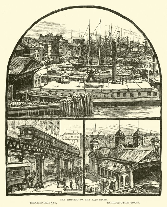 Żegluga na East River; Podwyższona kolej; Hamilton Ferry-house autorstwa English School