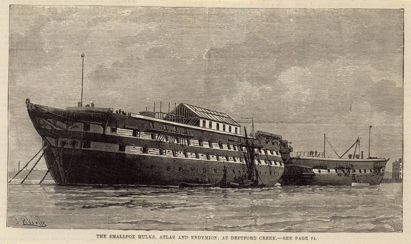 Hulks ospy, Atlas i Endymion, w Deptford Creek autorstwa English School