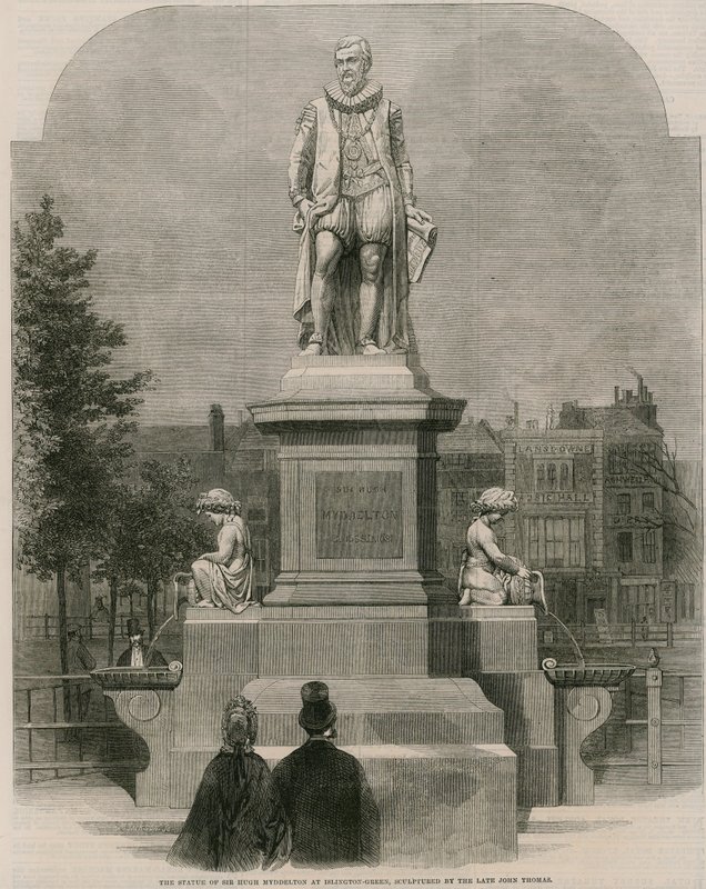 Pomnik Sir Hugh Myddletona w Islington Green, wyrzeźbiony przez zmarłego Johna Thomasa (rycina) autorstwa English School