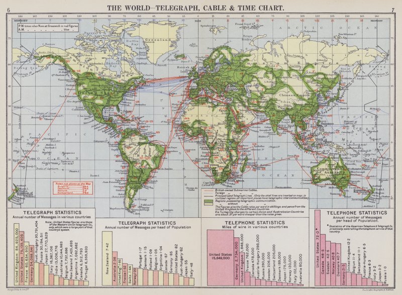Mapa świata, telegraficzna, kablowa i czasowa (kolorowa litografia) autorstwa English School