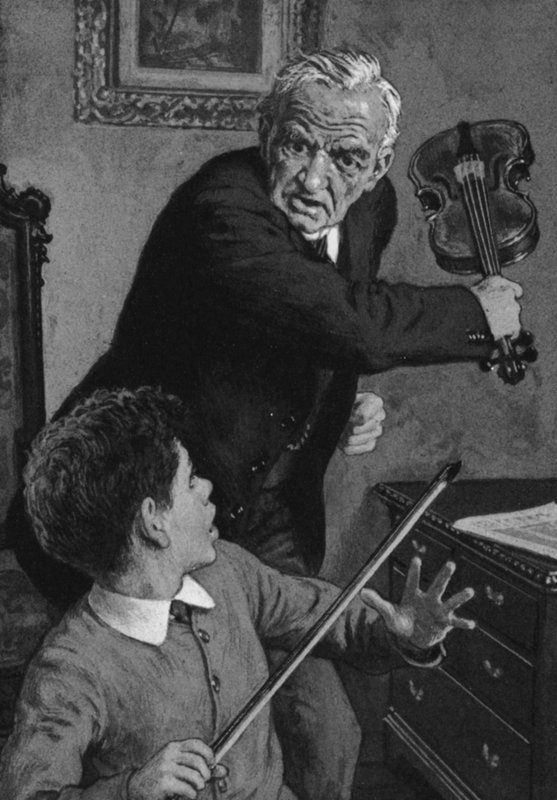 Młody sir John Barbirolli, którego dziadek ma złamać nad głową skrzypce (litografia) autorstwa English School