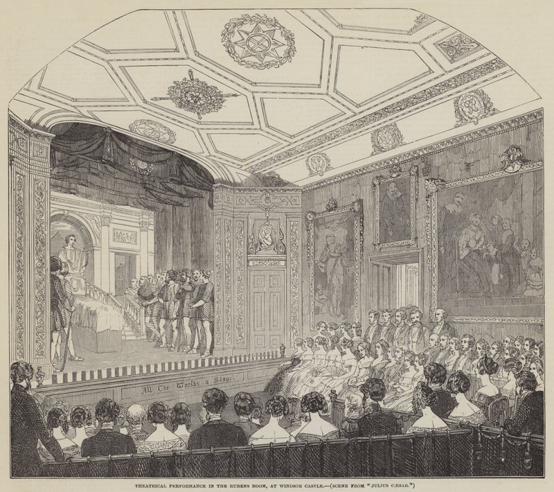 Spektakl teatralny w Sali Rubensa na Zamku Windsor (rycina) autorstwa English School
