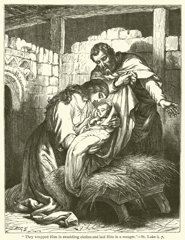 „Owinęli Go w pieluszki i położyli w żłobie”, św. Łukasz, II, 7 (rycina) autorstwa English School