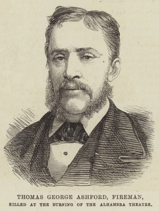 Thomas George Ashford, strażak, zabity w spaleniu teatru Alhambra (rycina) autorstwa English School