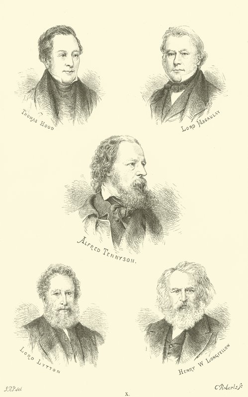 Thomas Hood, Lord Macaulay, Alfred Tennyson, Lord Lytton, Henry W Longfellow autorstwa English School