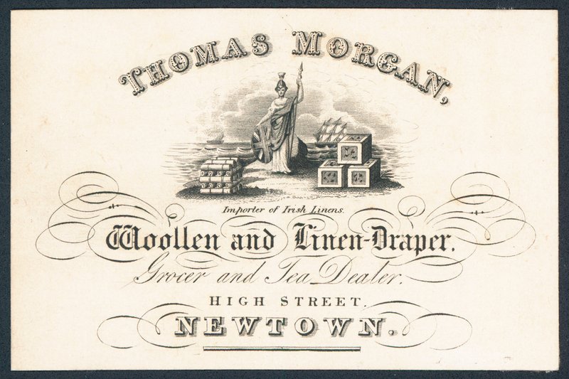 Thomas Morgan, drapieżnik wełniany i lniany, handlarz spożywczy i herbatą, karta handlowa autorstwa English School