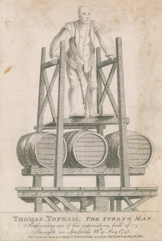 Thomas Topham, siłacz, dokonujący jednego ze swoich zdumiewających wyczynów siły w Spitalfields, 28 maja 1741 autorstwa English School