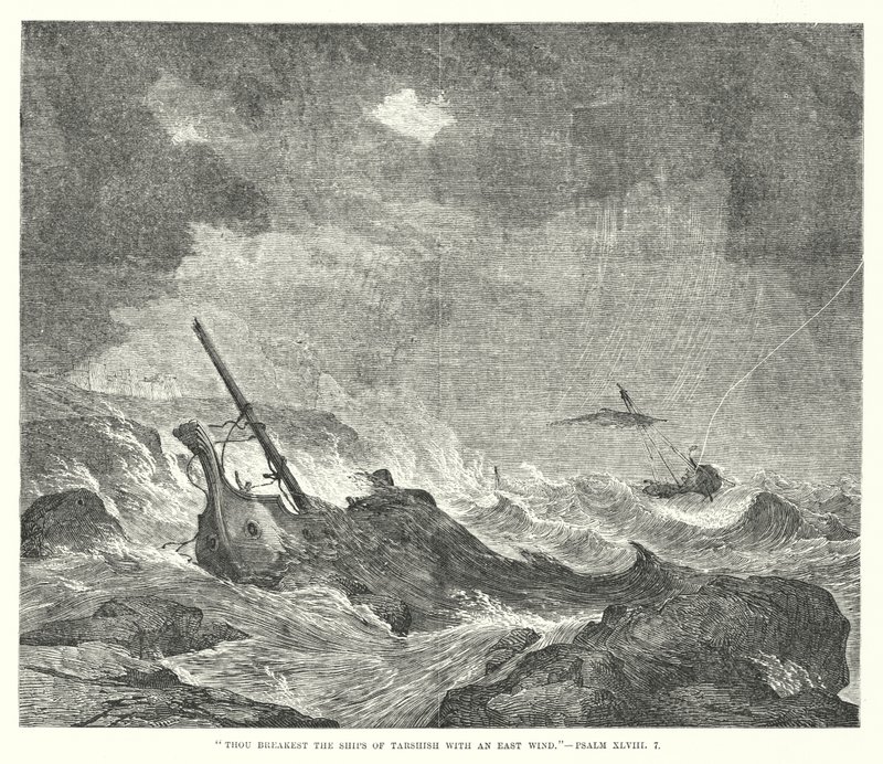 Rozbijasz okręty Tarszisz wiatrem wschodnim, Psalm XLVIII, 7 (rycina) autorstwa English School